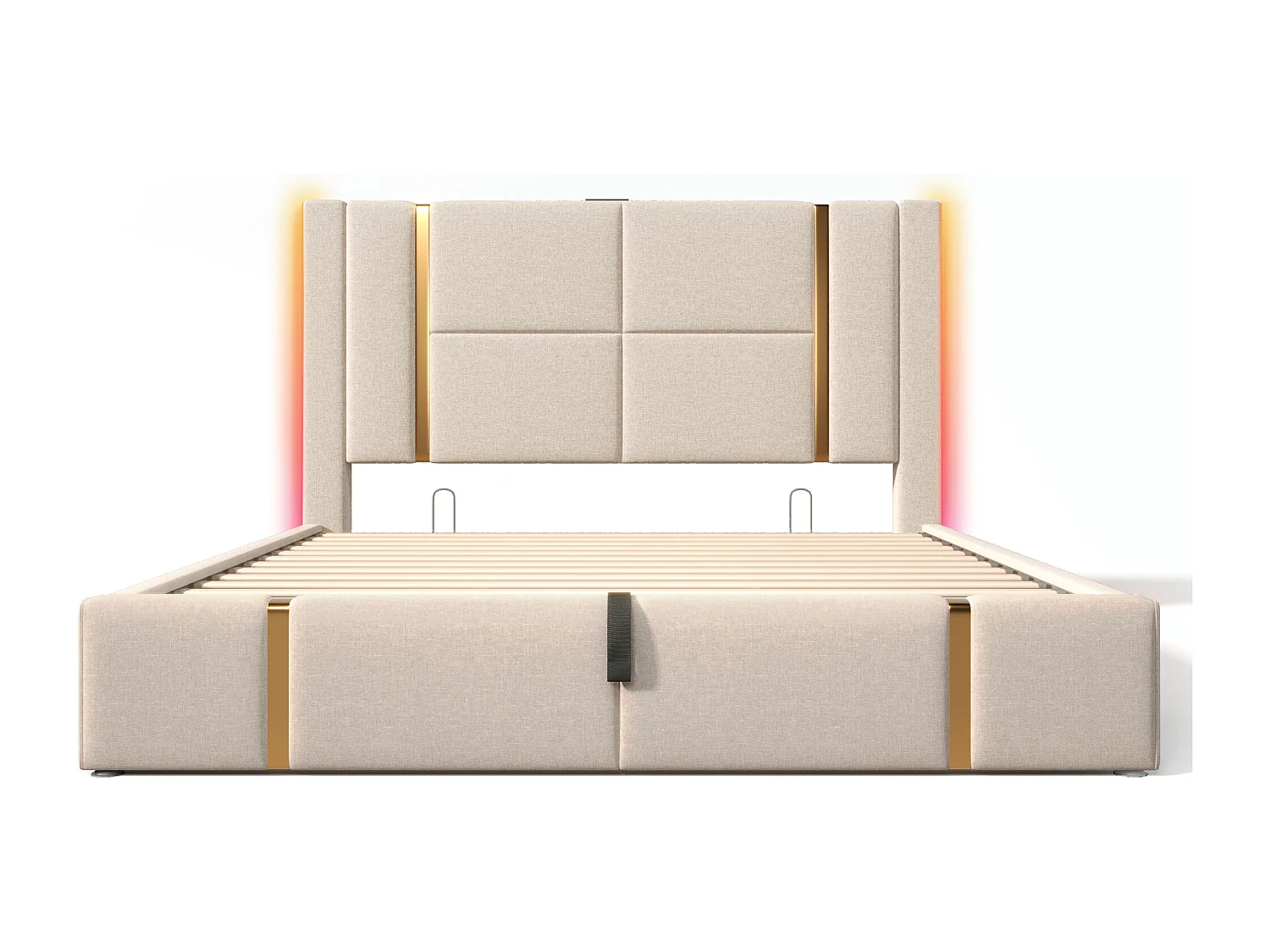 Lit coffre 160x200 cm, LED RGB, ports USB et USB C, tête de lit, lin beige(Sans matelas)