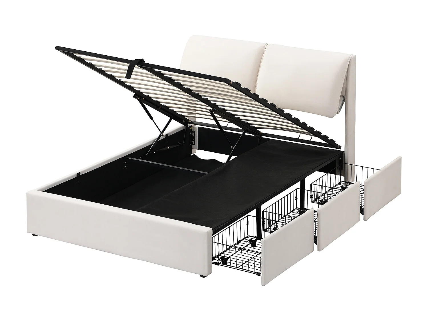 Lit coffre 140x200 cm avec ouverture hydraulique et 3 tiroirs, tête de lit réglable en hauteur, velours beige (Sans matelas)