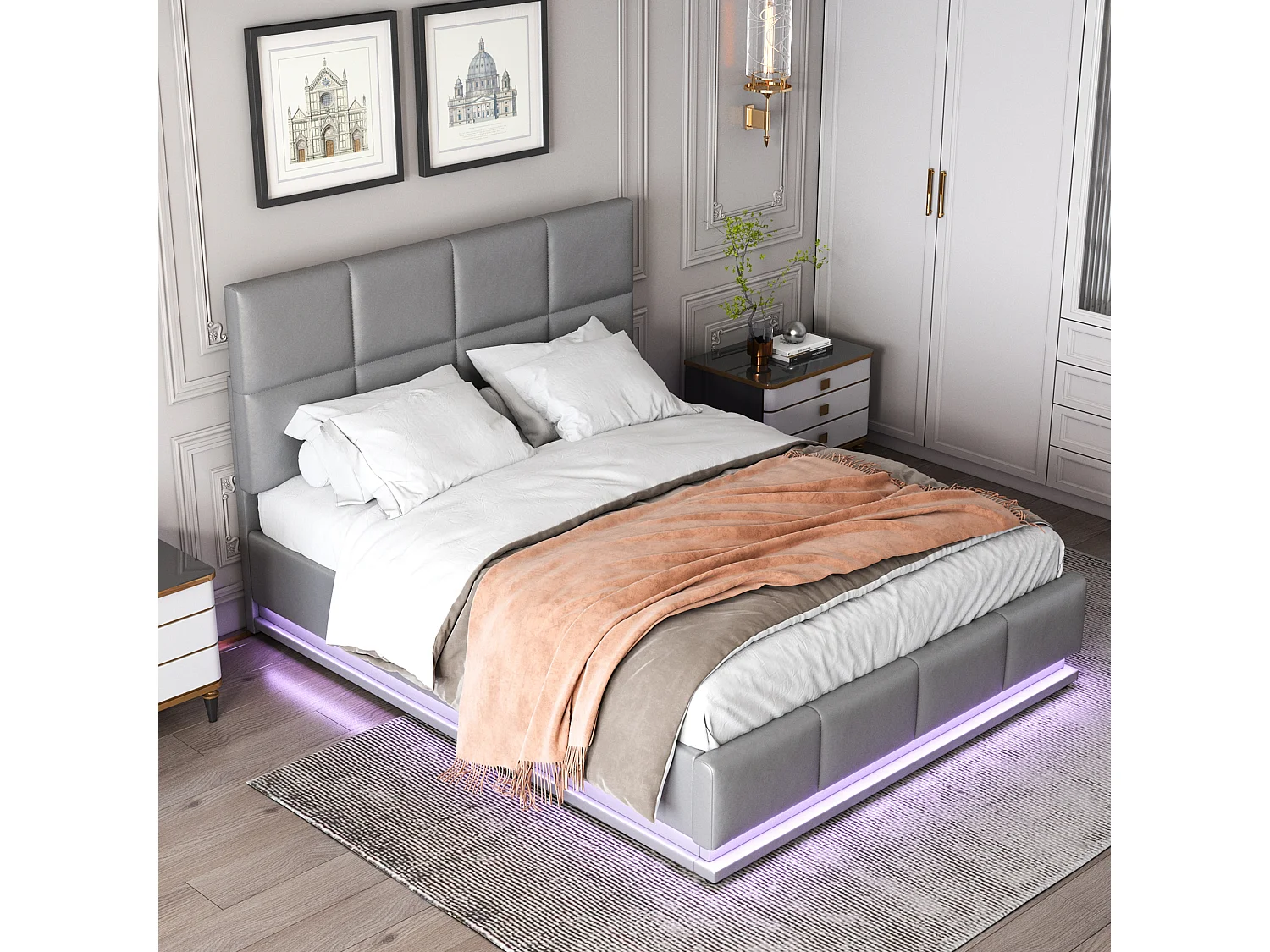 Lit coffre 140x200 cm avec LED et rangement hydraulique, avec sommier à lattes, tapissé, gris (Sans matelas)