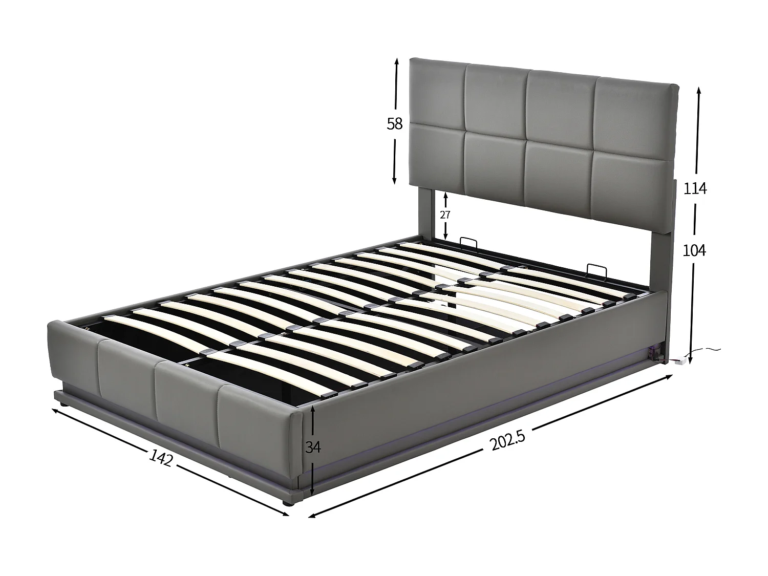Lit coffre 140x200 cm avec LED et rangement hydraulique, avec sommier à lattes, tapissé, gris (Sans matelas)