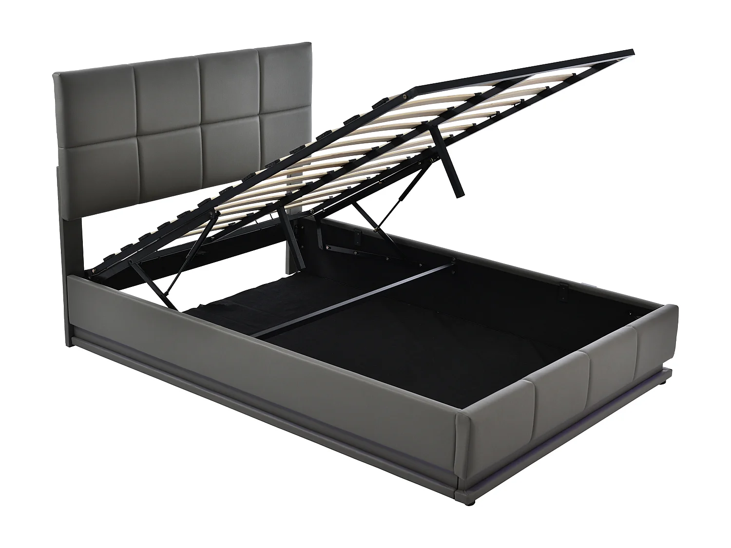 Lit coffre 140x200 cm avec LED et rangement hydraulique, avec sommier à lattes, tapissé, gris (Sans matelas)