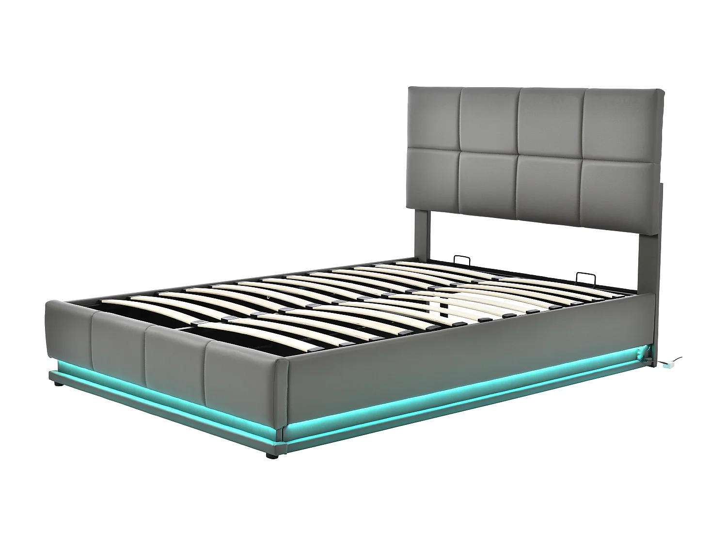 Lit coffre 140x200 cm avec LED et rangement hydraulique, avec sommier à lattes, tapissé, gris (Sans matelas)