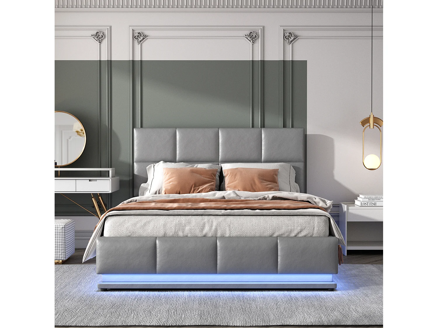 Lit coffre 140x200 cm avec LED et rangement hydraulique, avec sommier à lattes, tapissé, gris (Sans matelas)