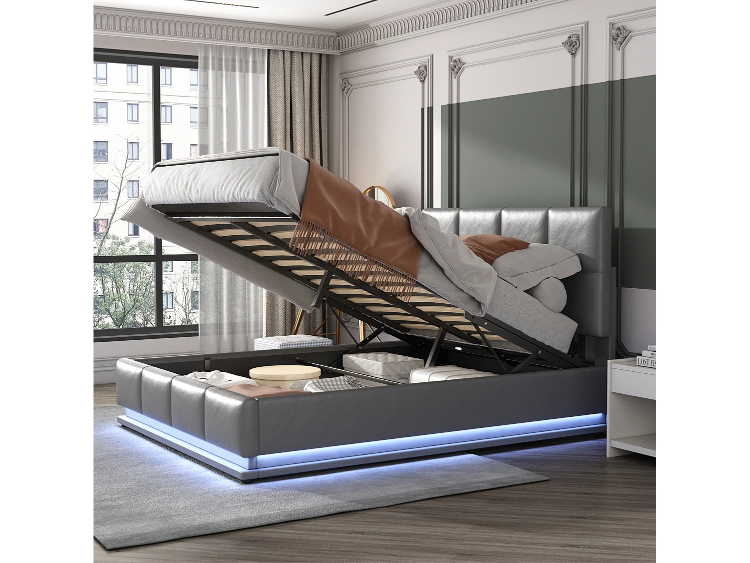 Lit coffre 140x200 cm avec LED et rangement hydraulique, avec sommier à lattes, tapissé, gris (Sans matelas)