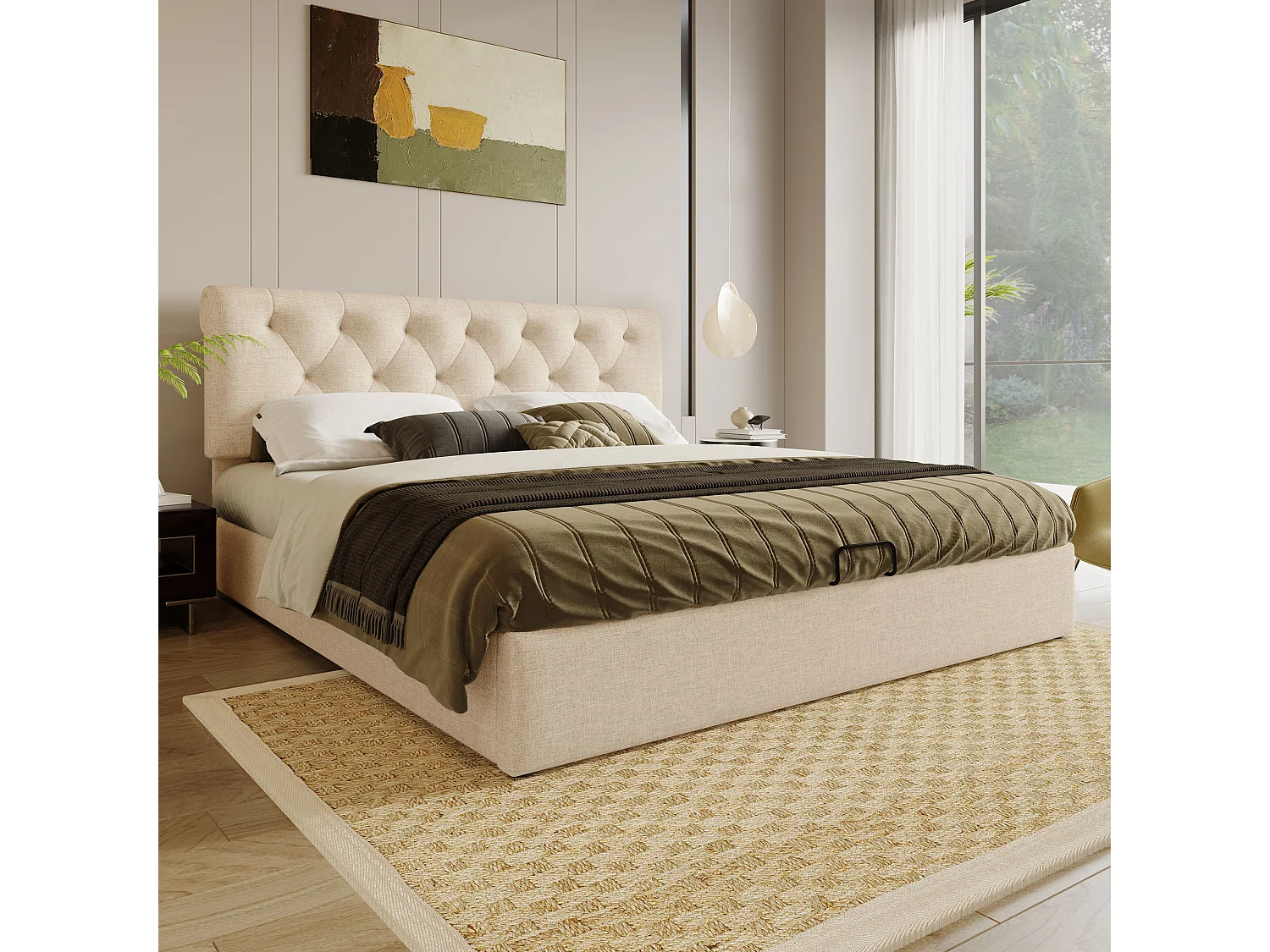 Lit coffre 140x200 cm avec tête de lit réglable et rangement, en lin, naturel (Sans matelas)