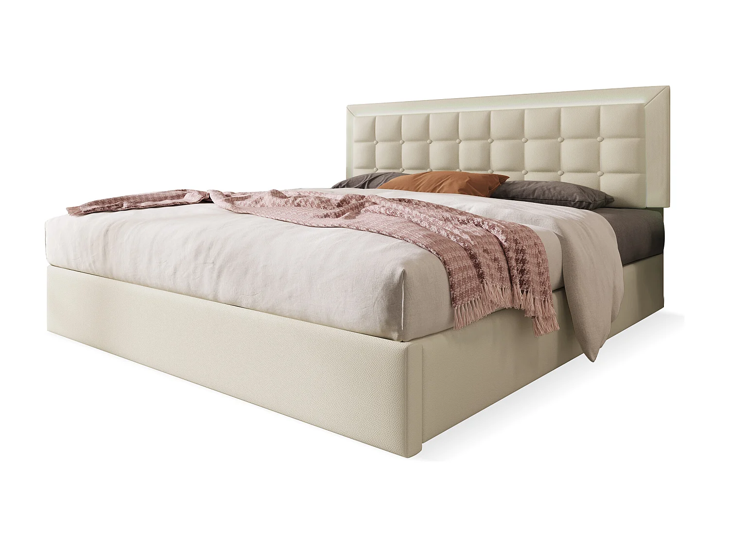 Lit coffre 140x200 cm avec LED et sommier à lattes en similicuir blanc (Sans matelas)