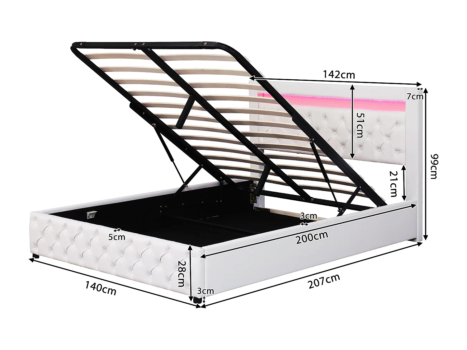 Lit coffre 140x200 cm avec sommier relevable et coffre de rangement, avec éclairage LED, PU blanc (Sans matelas)