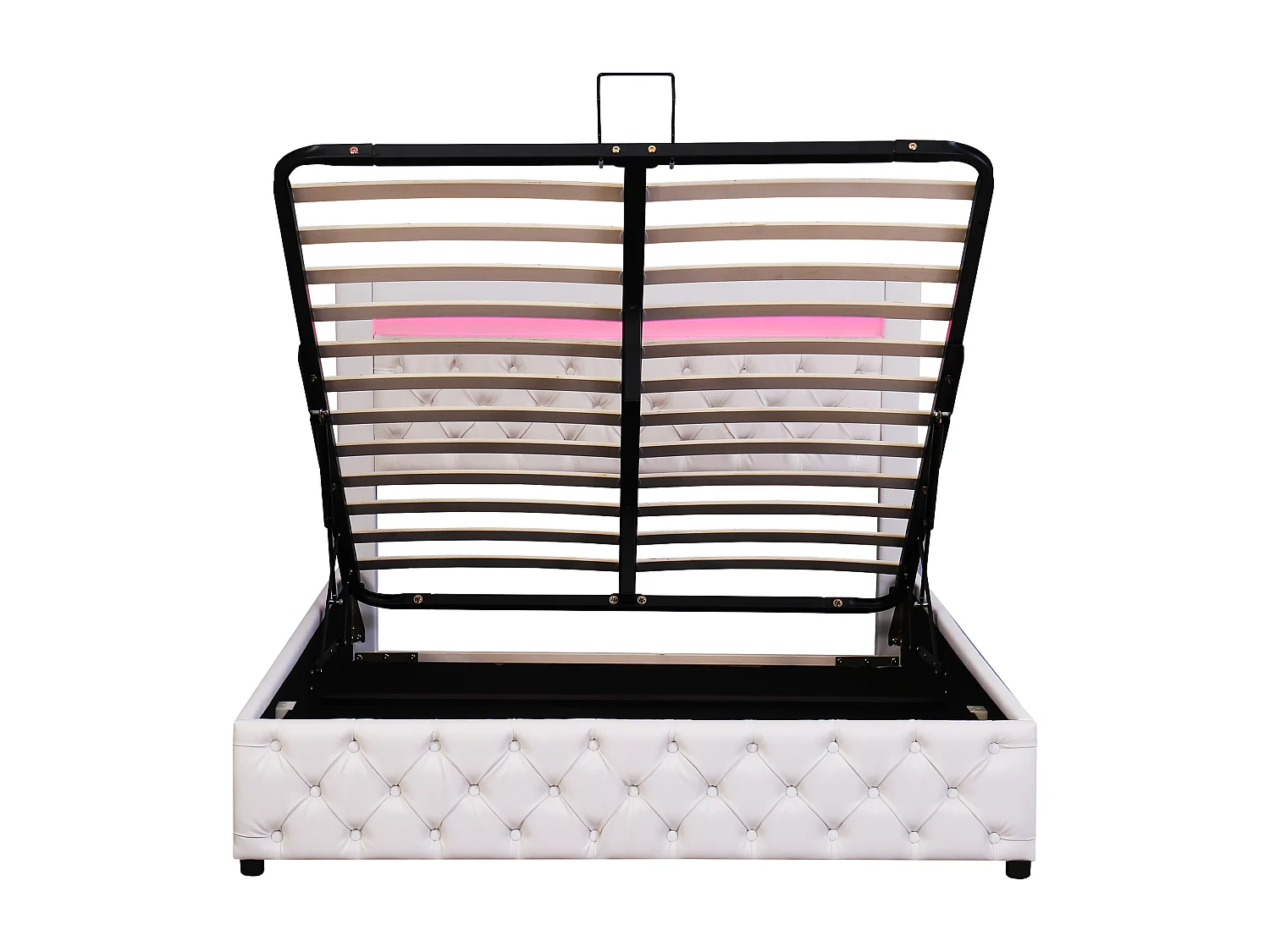 Lit coffre 140x200 cm avec sommier relevable et coffre de rangement, avec éclairage LED, PU blanc (Sans matelas)