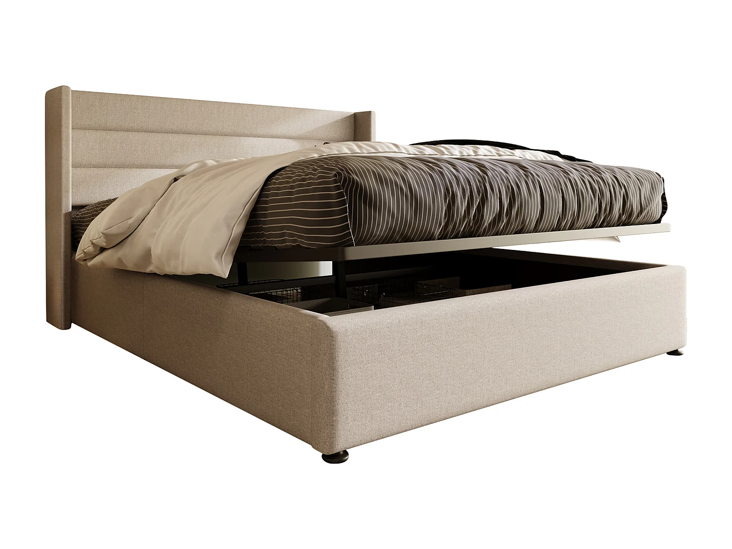 Lit coffre 140x200 cm, tête de lit rembourrée, sommier relevable, avec matelas, lin beige(Sans matelas)