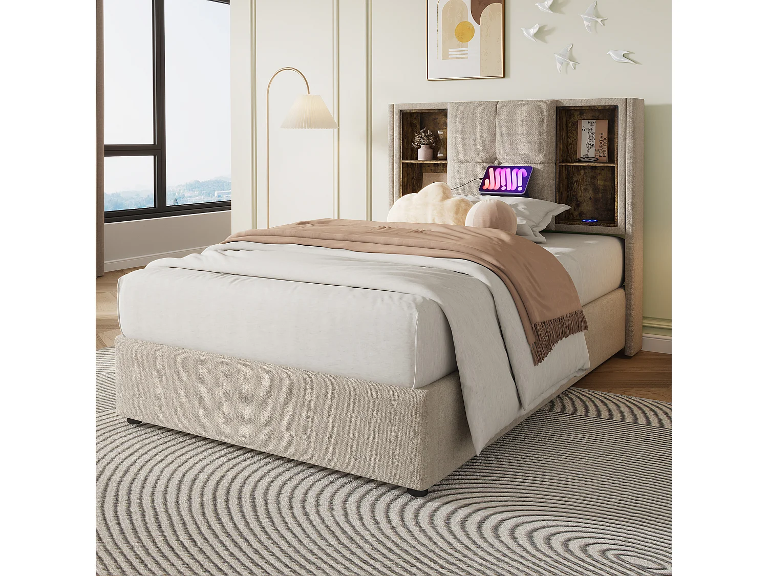 Lit coffre 90x200 cm avec chargement sans fil, USB C et rangement en lin naturel (Avec matelas)