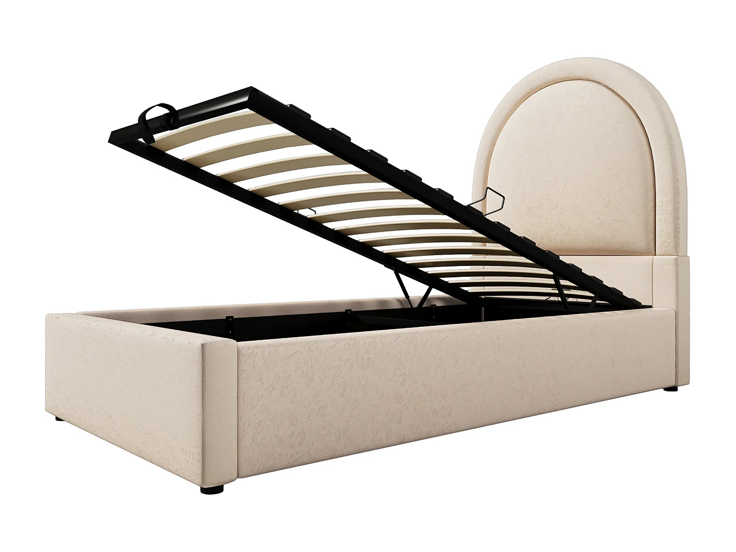Lit coffre  90x200 cm avec rangement hydraulique, tête de lit à motifs imprimés, PU, beige (Sans matelas)