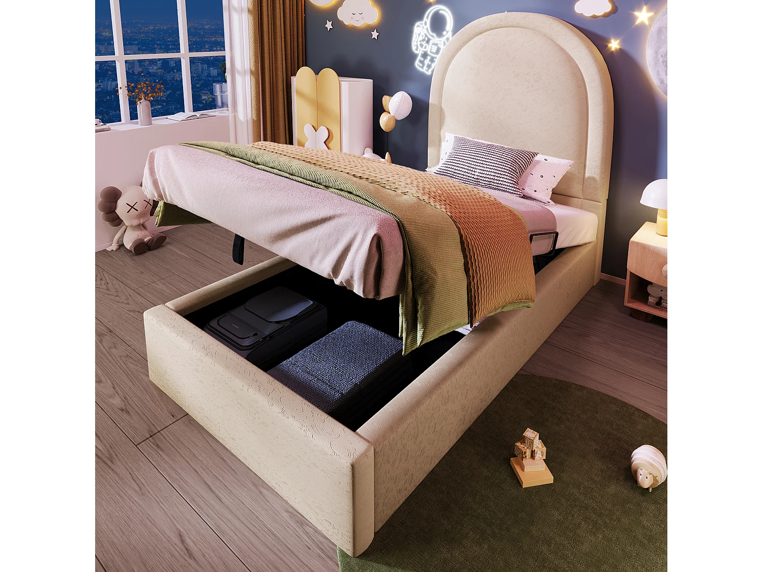 Lit coffre  90x200 cm avec rangement hydraulique, tête de lit à motifs imprimés, PU, beige (Sans matelas)