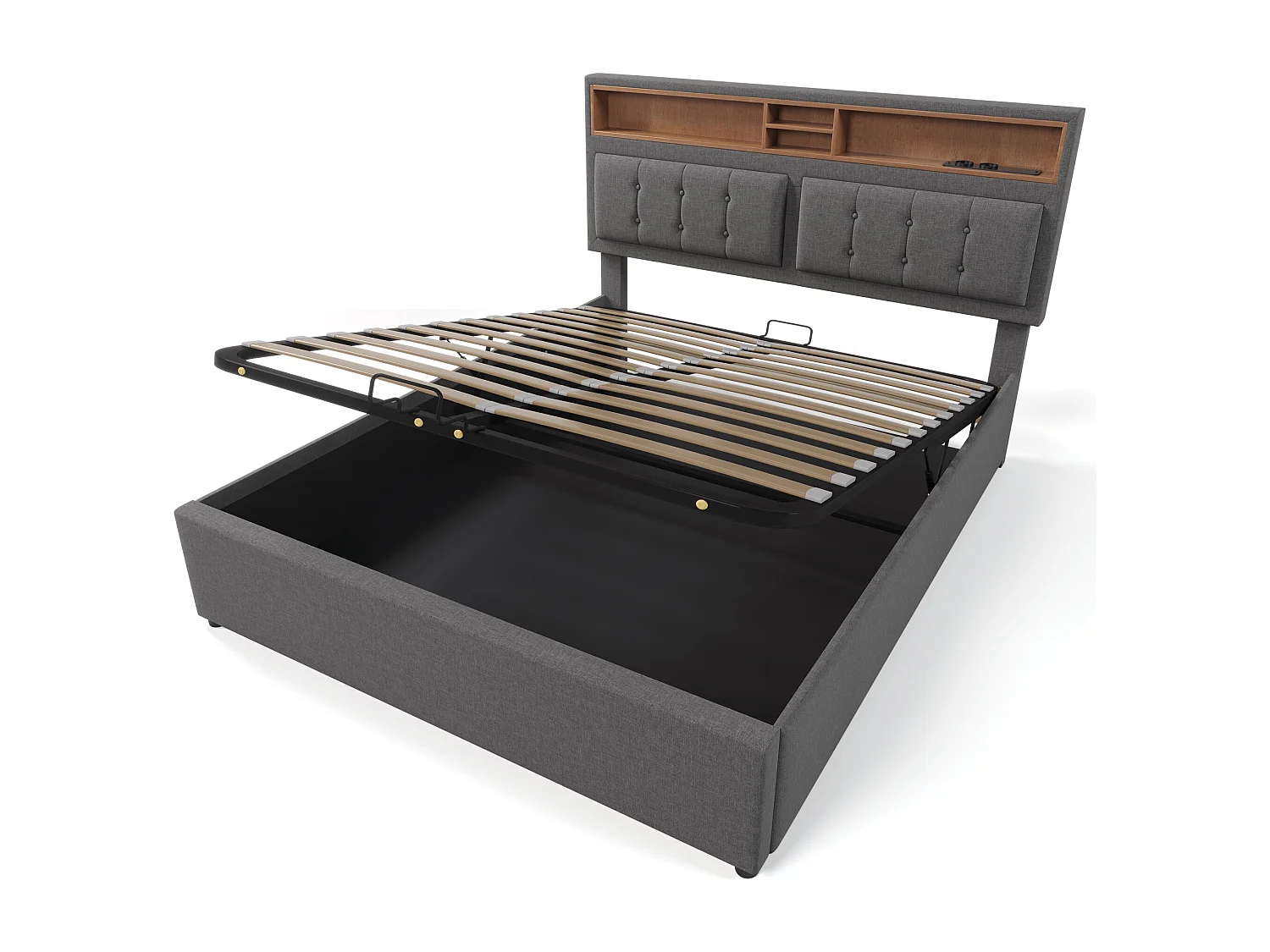Lit coffre 140x200 cm avec tête de lit réglable et prises USB C, rangement, en lin gris (Avec matelas)