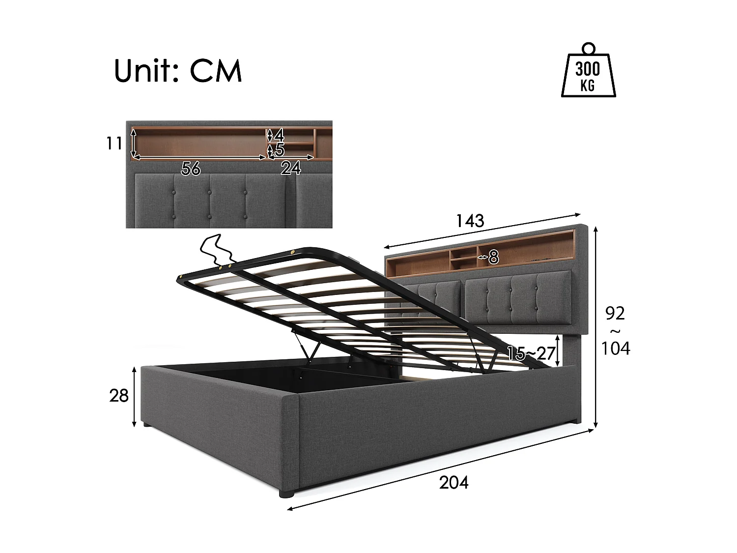 Lit coffre 140x200 cm avec tête de lit réglable et prises USB C, rangement, en lin gris (Avec matelas)