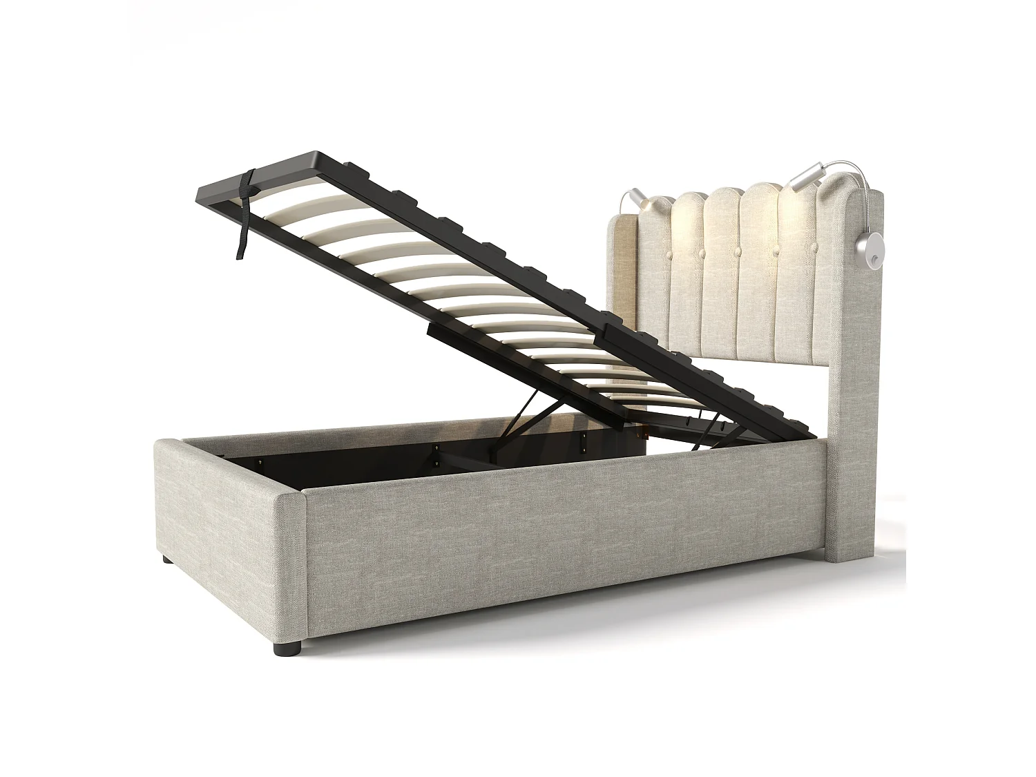 Lit coffre 90x200 cm avec liseuse et ports USB, tête de lit, lin beige (Sans matelas)