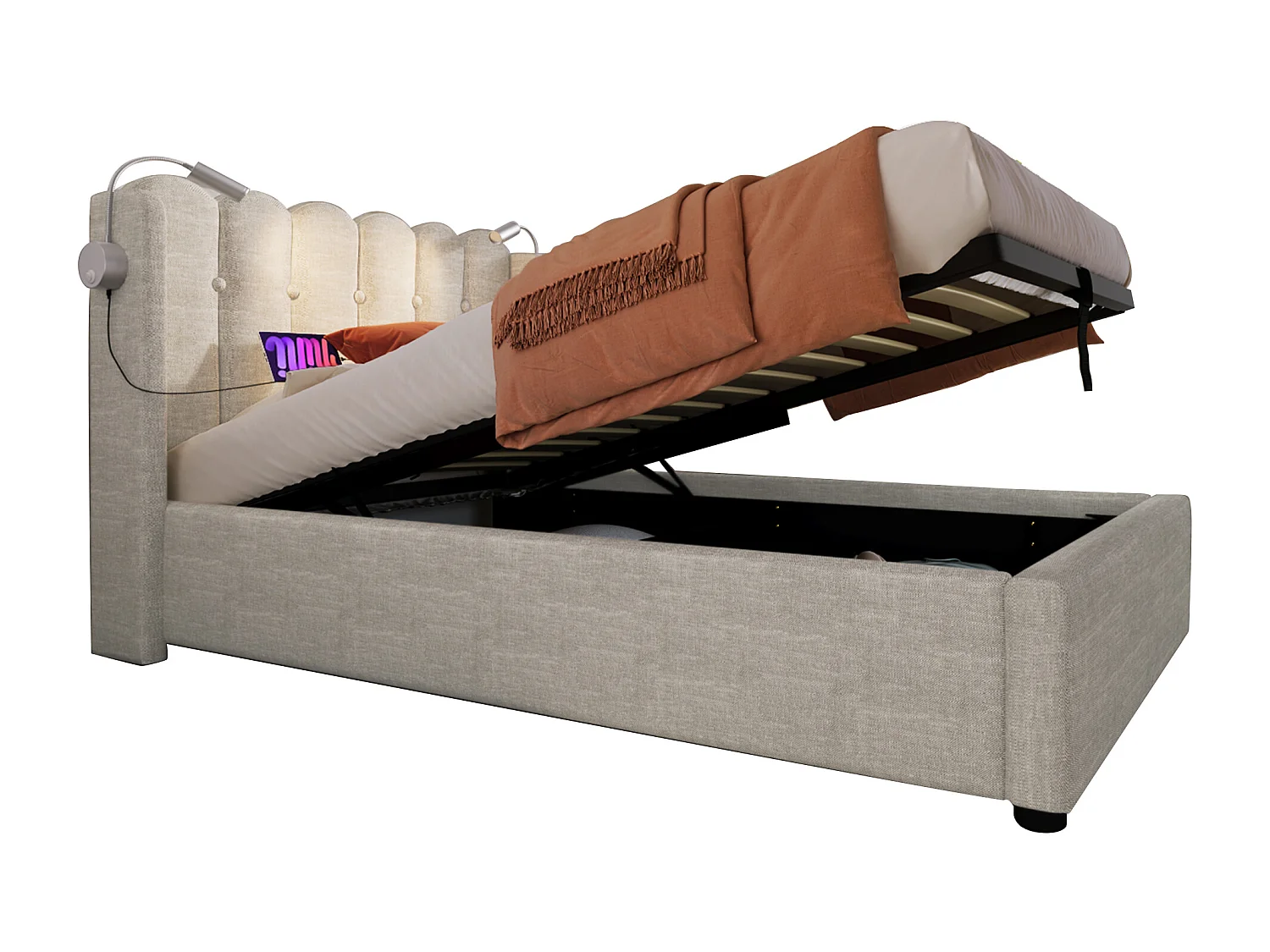 Lit coffre 90x200 cm avec liseuse et ports USB, tête de lit, lin beige (Sans matelas)