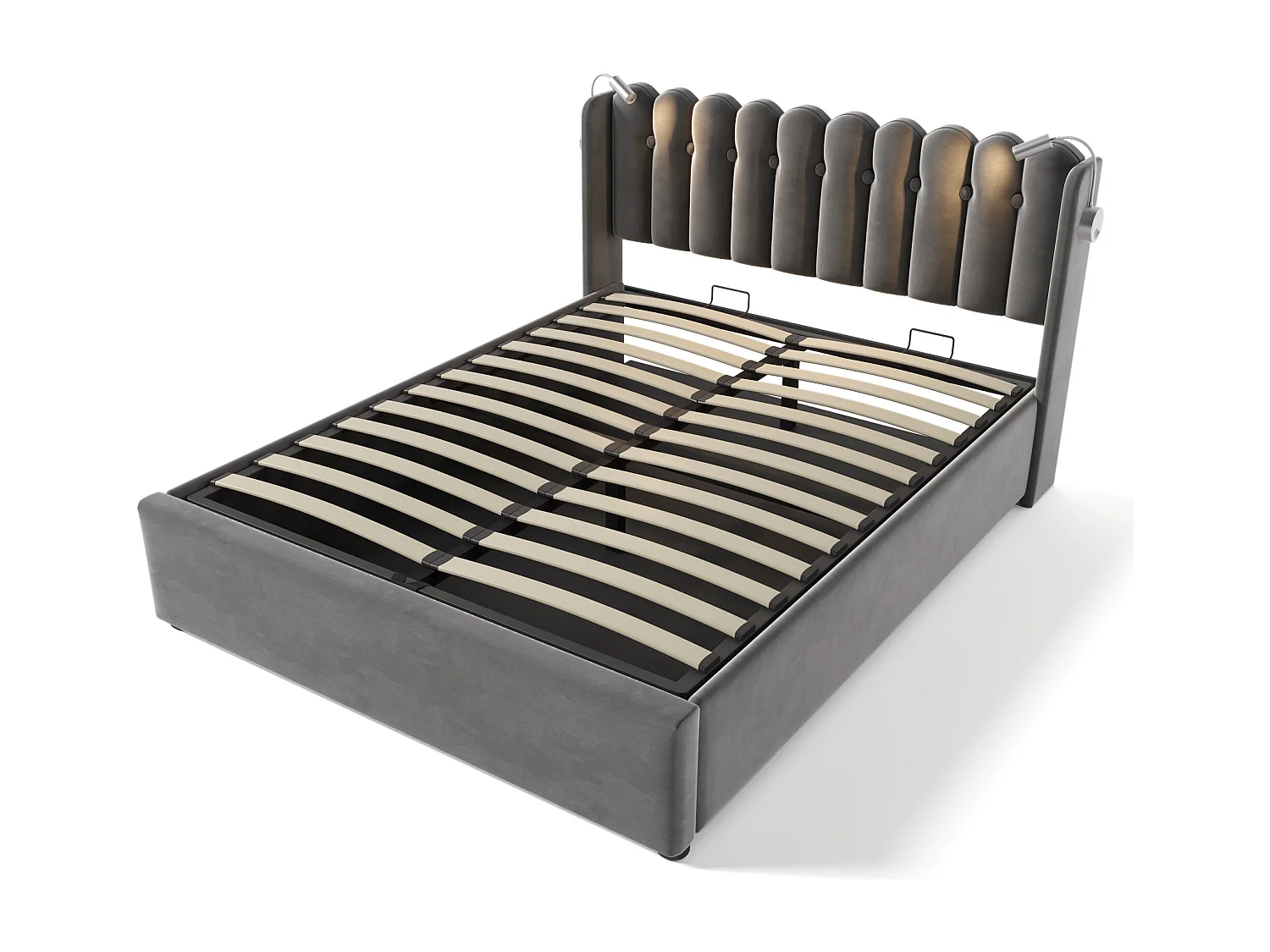 Lit coffre 140x200 cm avec liseuse et USB, tête de lit design, velours gris (Avec matelas)