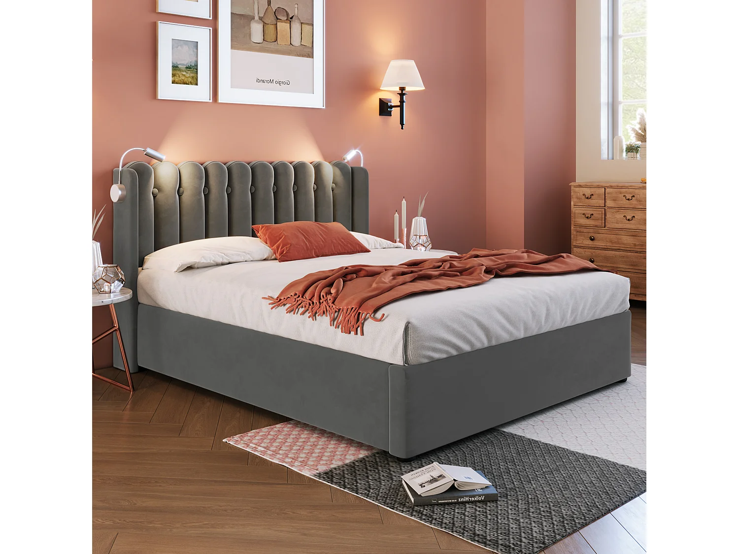 Lit coffre 140x200 cm avec liseuse et USB, tête de lit design, velours gris (Avec matelas)