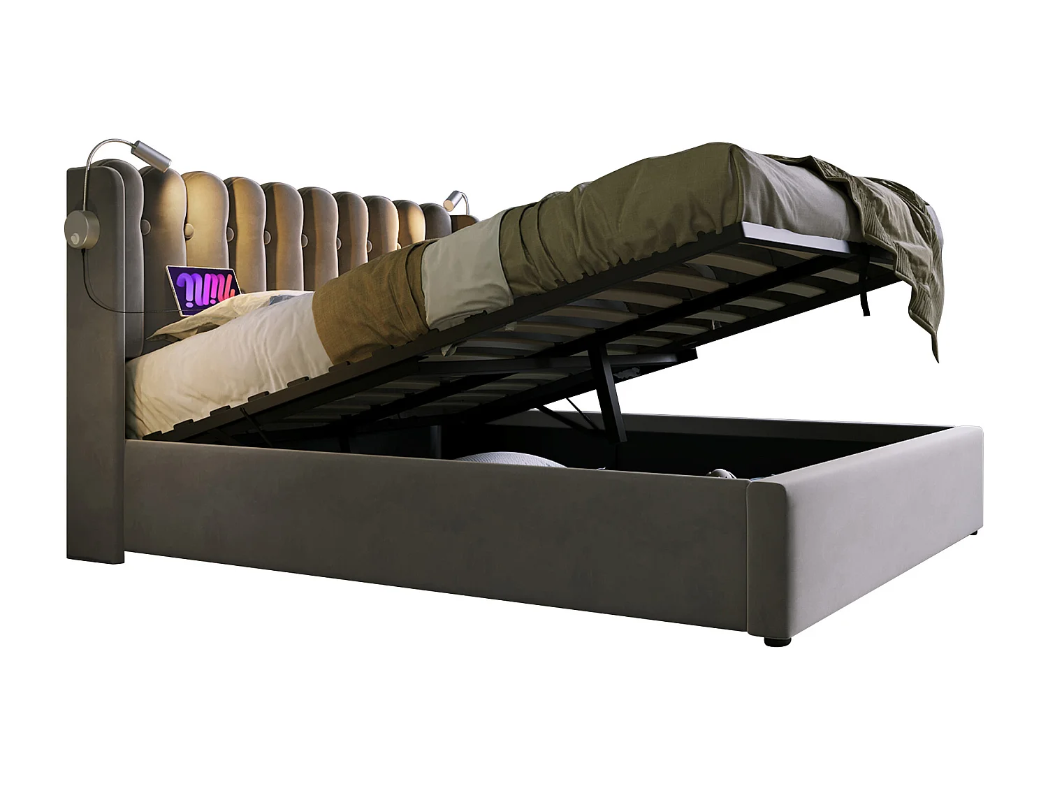 Lit coffre 140x200 cm avec liseuse et USB, tête de lit design, velours gris (Avec matelas)