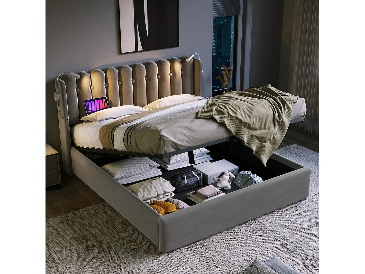 Lit coffre 140x200 cm avec liseuse et USB, tête de lit design, velours gris (Avec matelas)