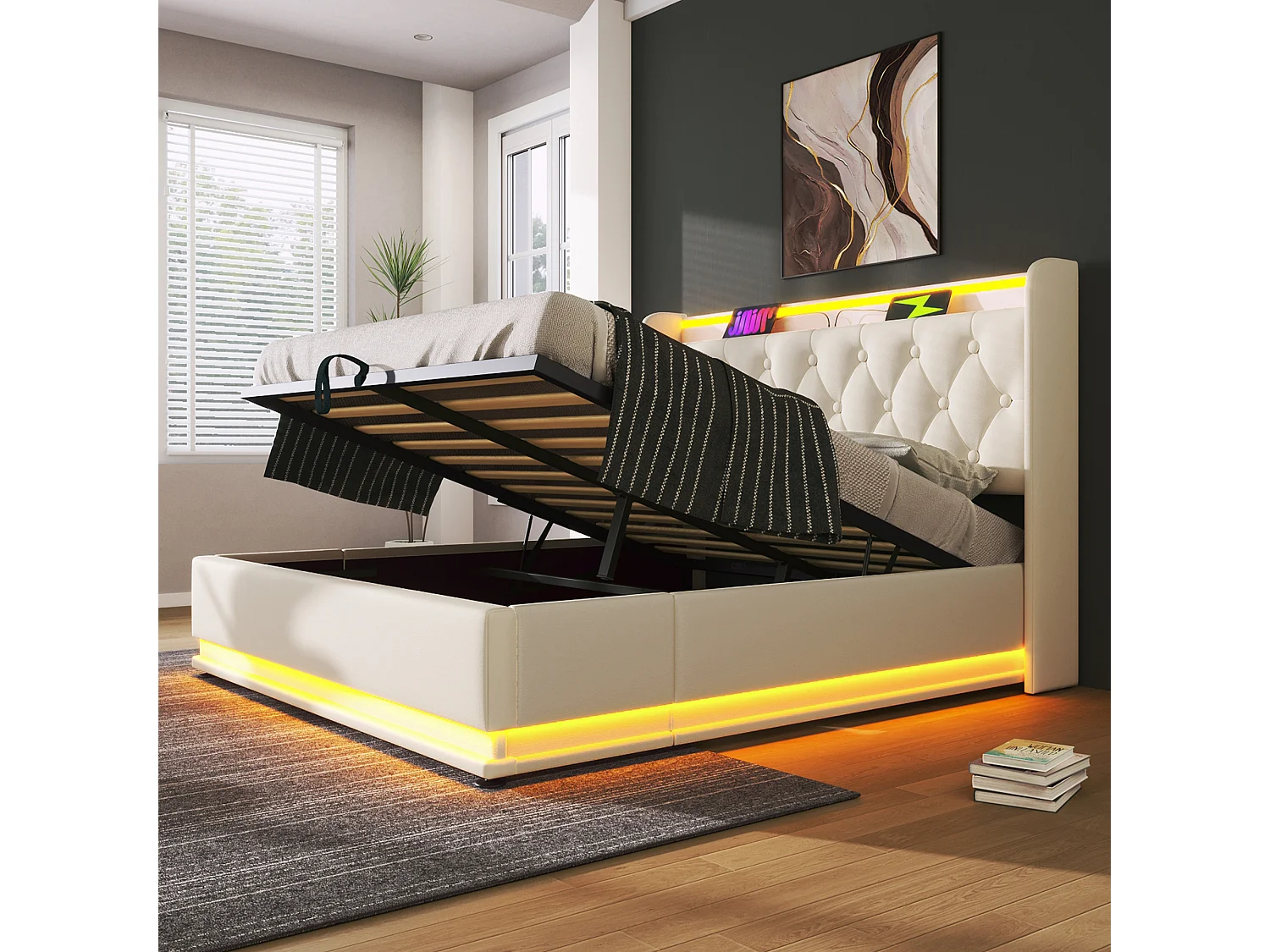 Lit coffre 160x200 cm avec LED 360 et ports USB Type C, rangement hydraulique, PU blanc (Avec matelas)