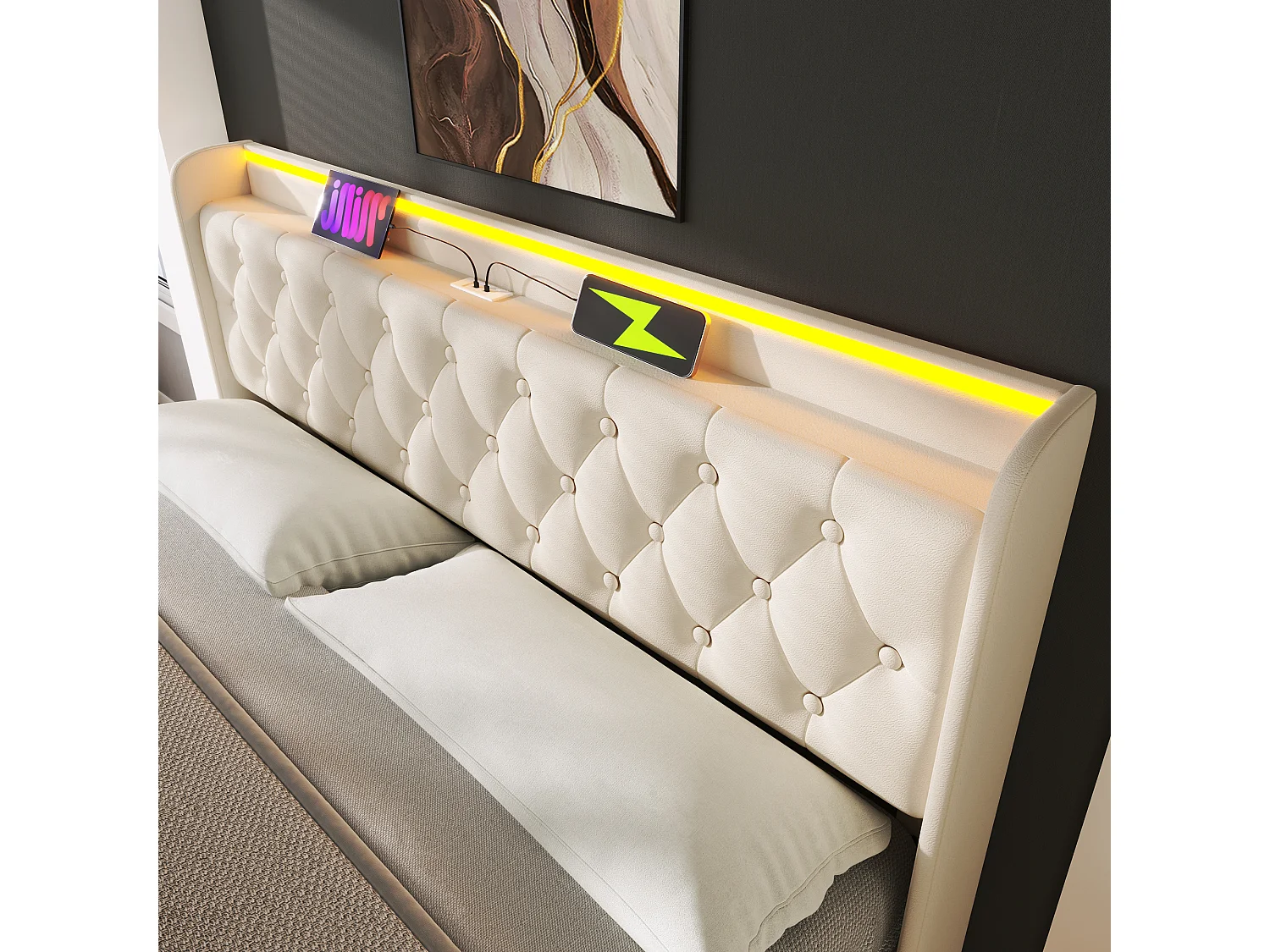 Lit coffre 160x200 cm avec LED 360 et ports USB Type C, rangement hydraulique, PU blanc (Avec matelas)