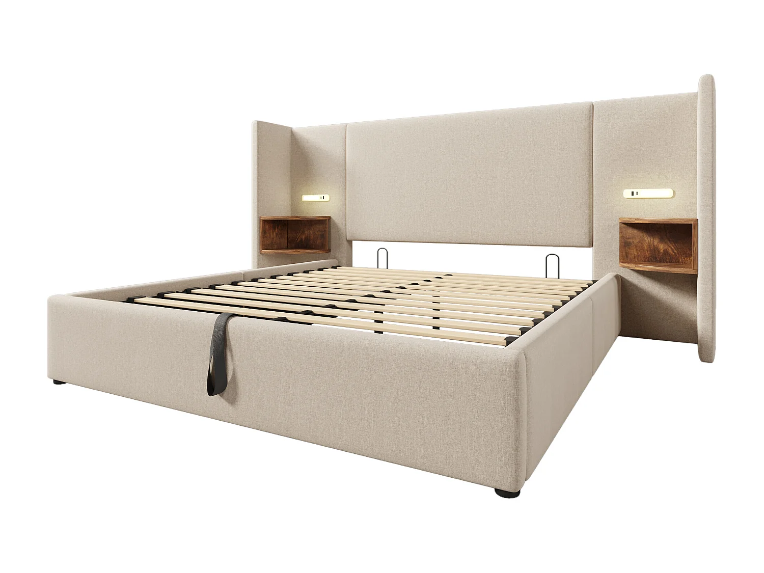 Lit coffre 160x200 cm avec tête de lit multifonction, lampe de lecture et ports USB Type C, lin beige (Sans matelas)