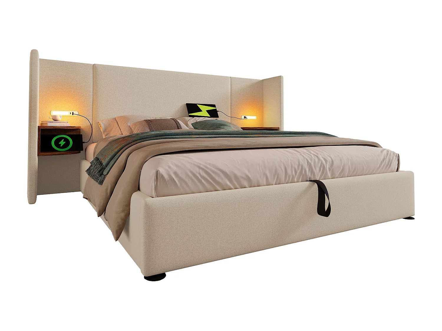 Lit coffre 160x200 cm avec tête de lit multifonction, lampe de lecture et ports USB Type C, lin beige (Sans matelas)