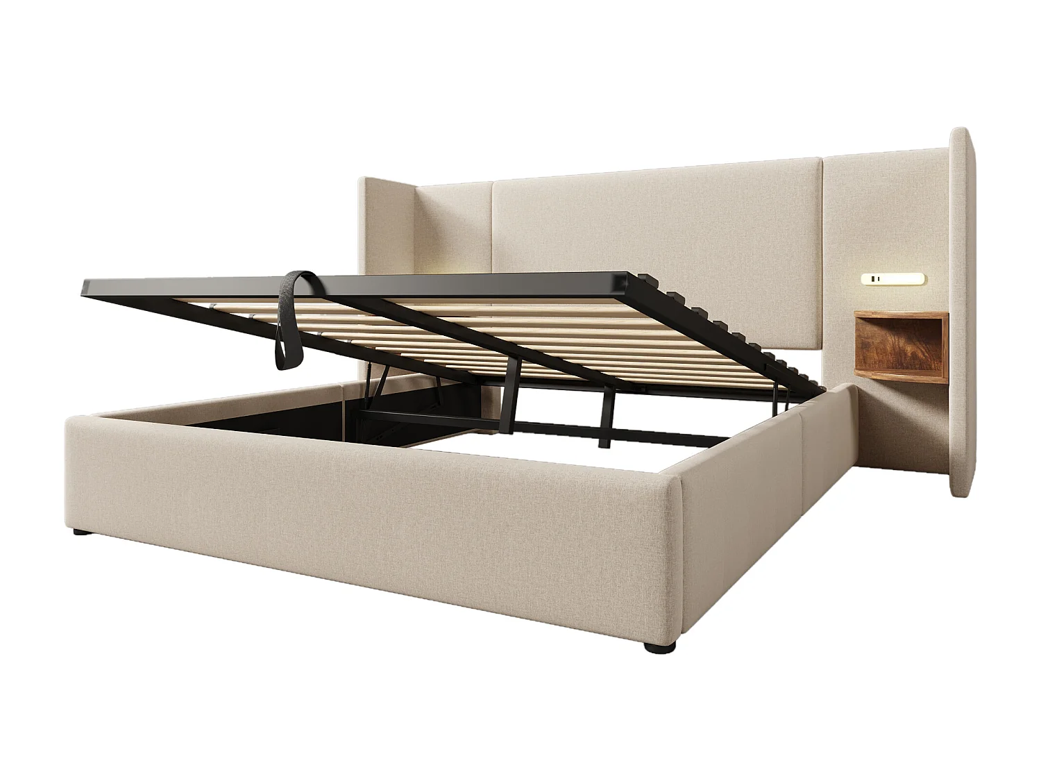 Lit coffre 160x200 cm avec tête de lit multifonction, lampe de lecture et ports USB Type C, lin beige (Sans matelas)