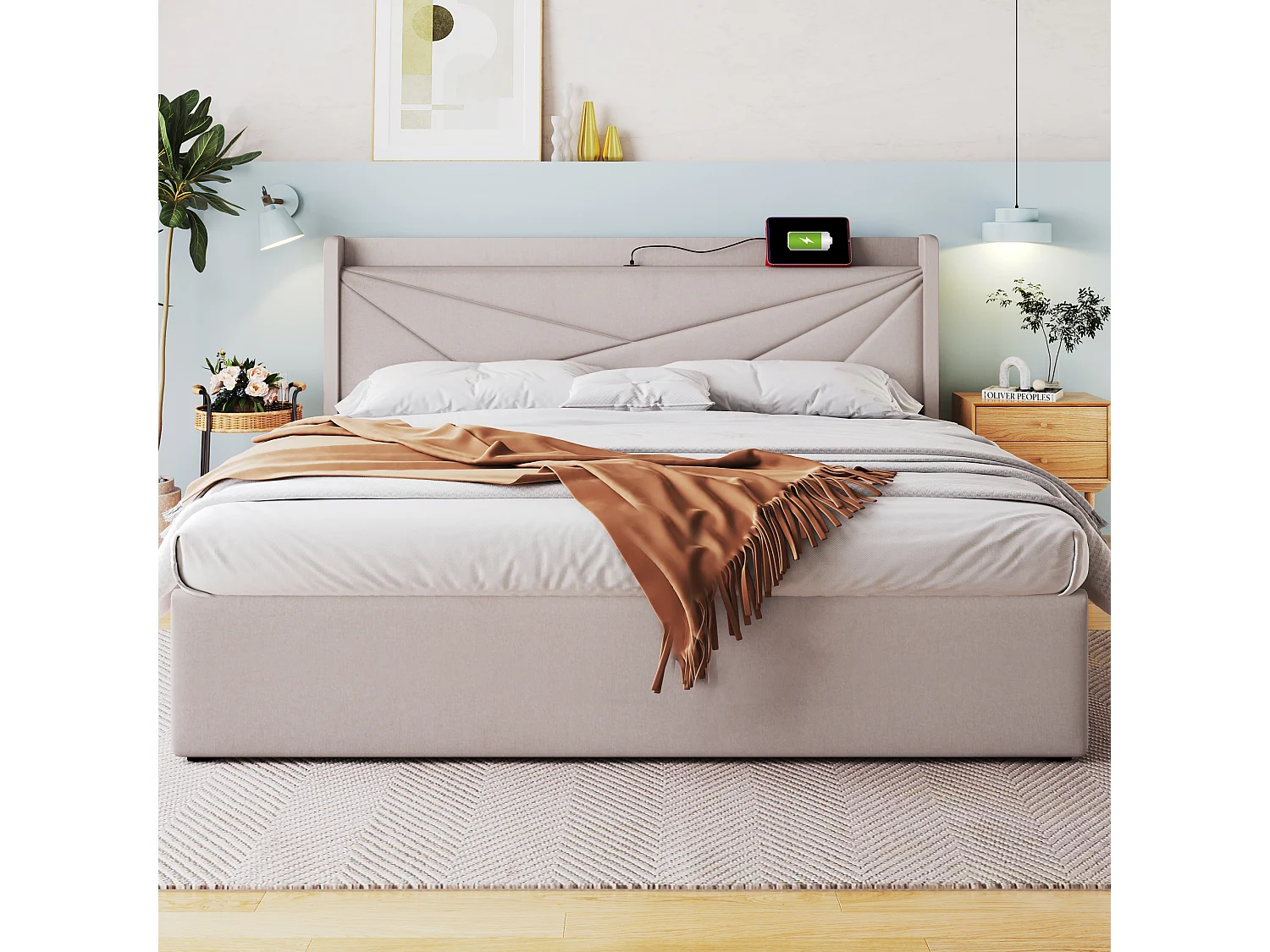 Lit coffre 160x200 cm, ports USB et Type-C, tête de lit géométrique, lin et coton beige, matelas inclus(Sans matelas)