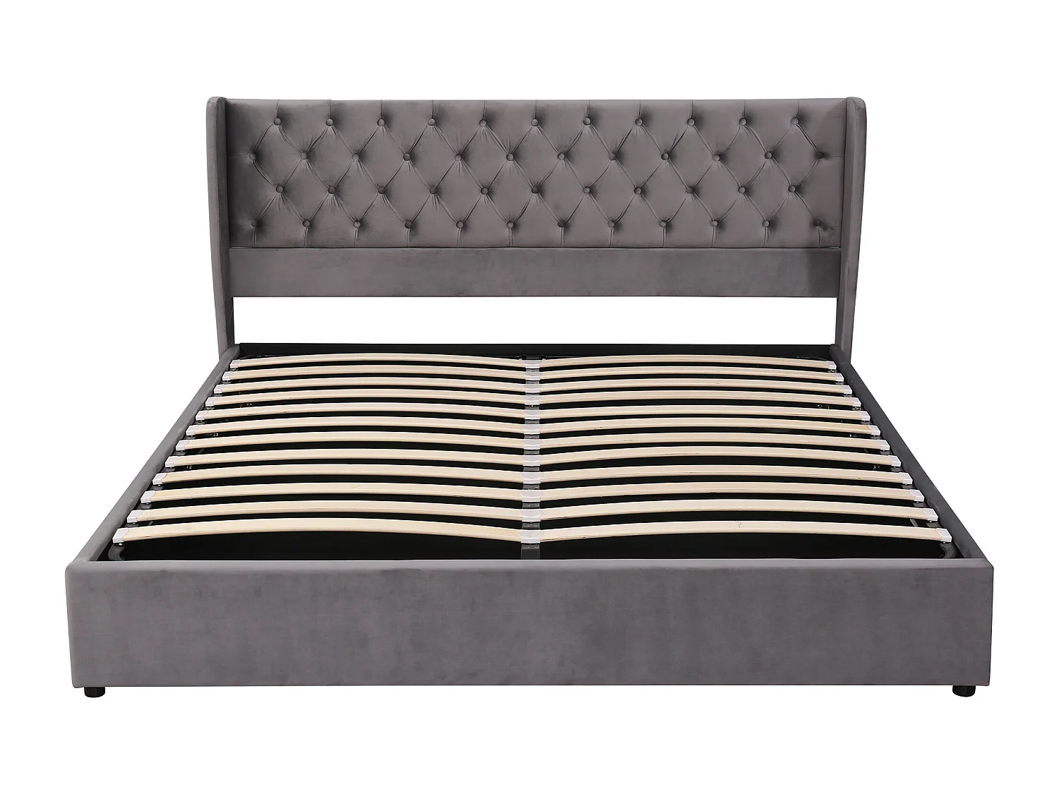 Lit coffre 160x200 cm avec tête de lit capitonnée et sommier à lattes, rangement hydraulique, velours gris (Sans matelas)
