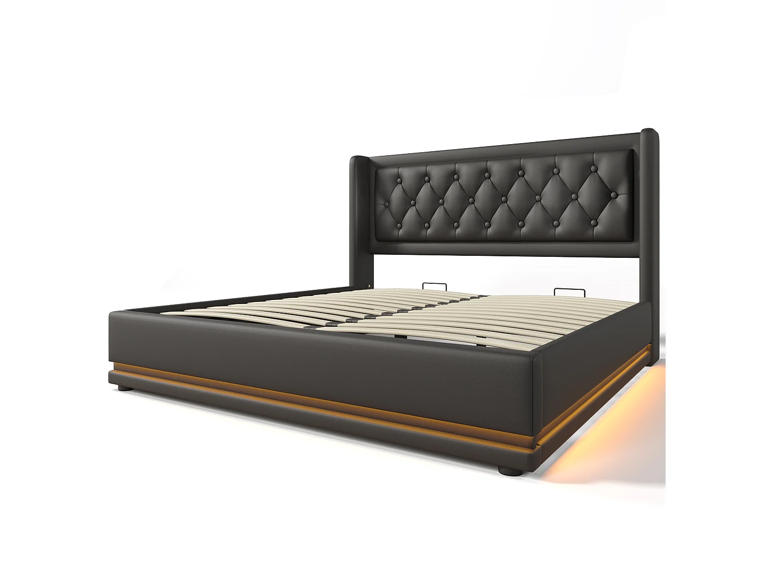 Lit coffre 180x200 cm avec LED 3 côtés, ports USB et USB Type C, tête de lit capitonnée, PU noir (Sans matelas)