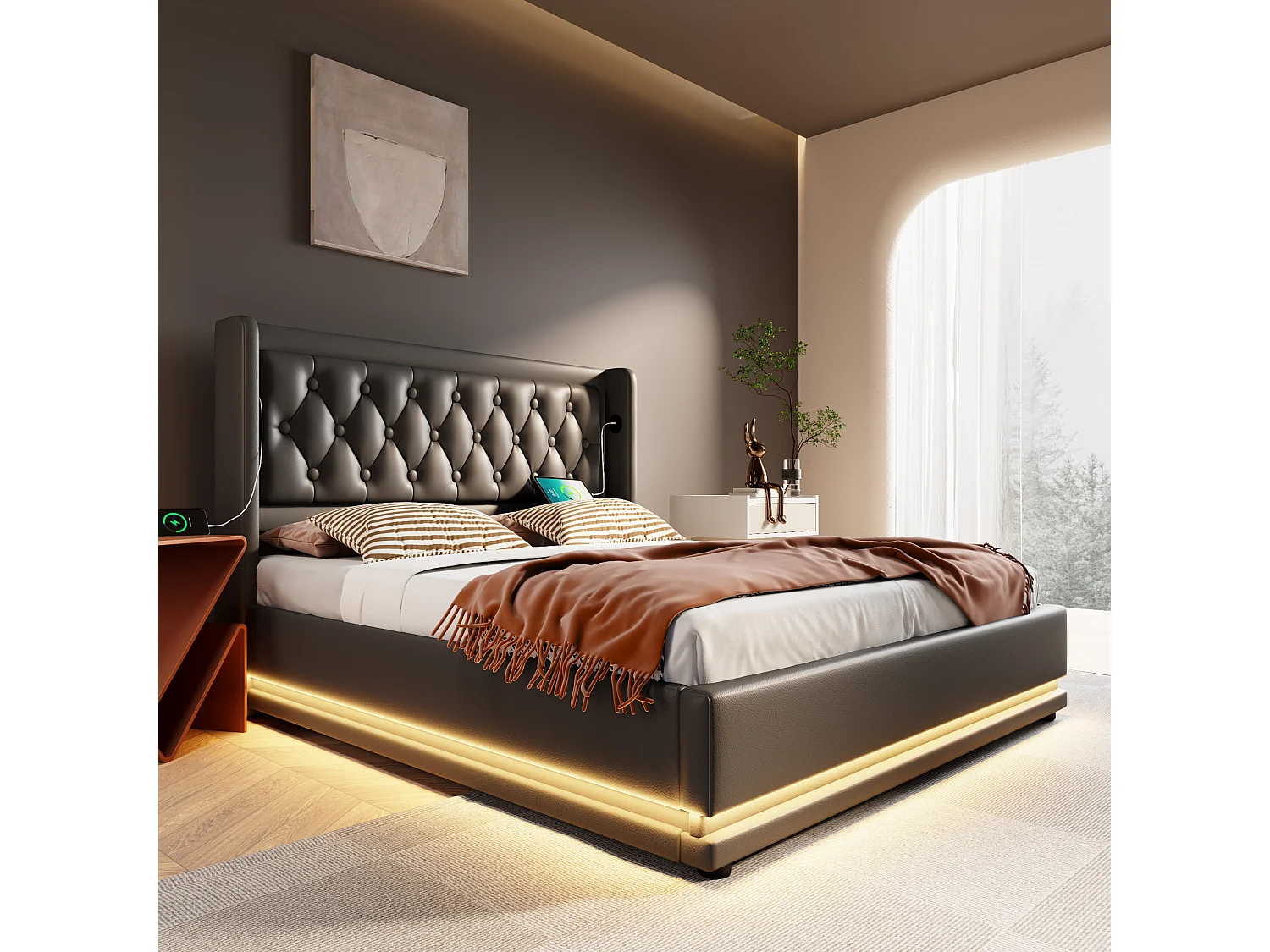 Lit coffre 180x200 cm avec LED 3 côtés, ports USB et USB Type C, tête de lit capitonnée, PU noir (Sans matelas)