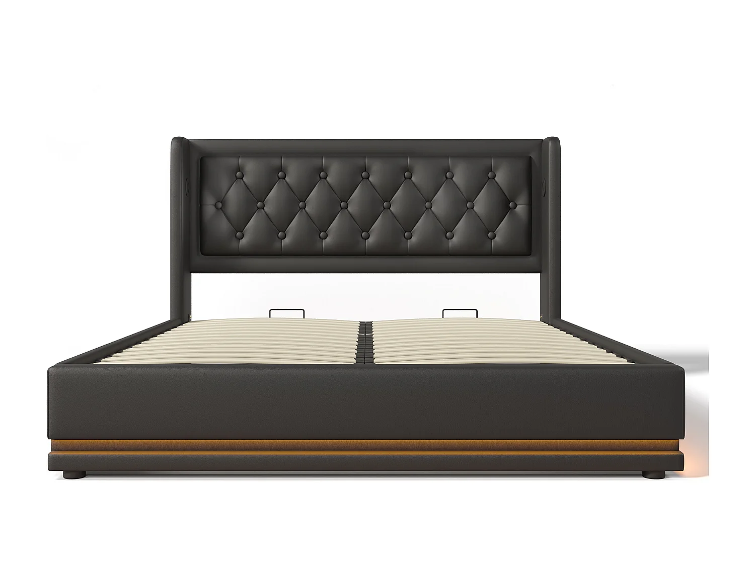Lit coffre 180x200 cm avec LED 3 côtés, ports USB et USB Type C, tête de lit capitonnée, PU noir (Sans matelas)