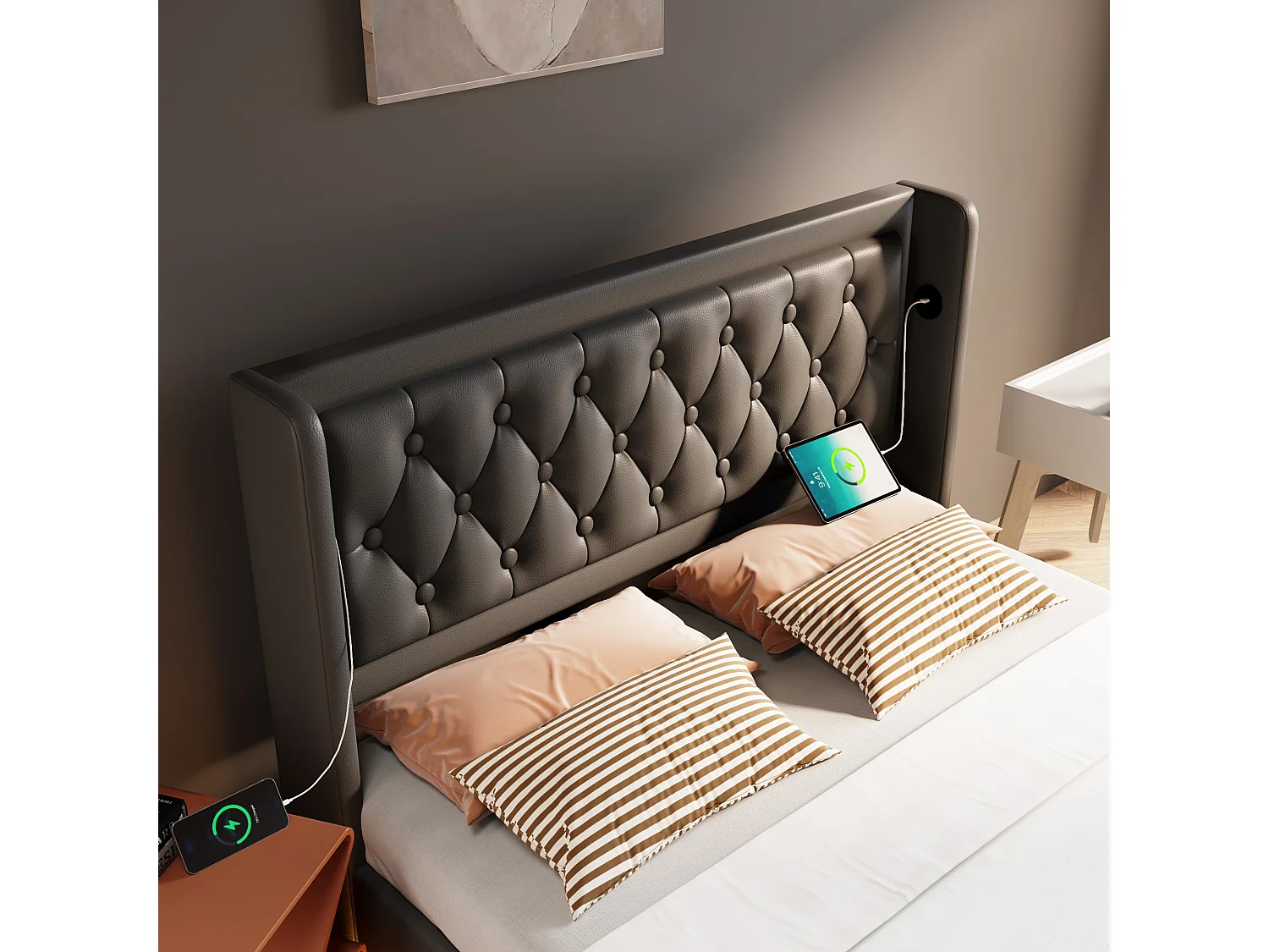 Lit coffre 180x200 cm avec LED 3 côtés, ports USB et USB Type C, tête de lit capitonnée, PU noir (Sans matelas)