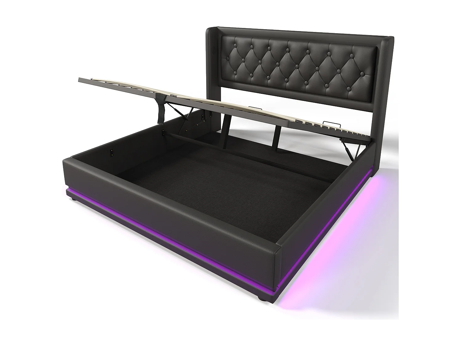 Lit coffre 180x200 cm avec LED 3 côtés, ports USB et USB Type C, tête de lit capitonnée, PU noir (Sans matelas)