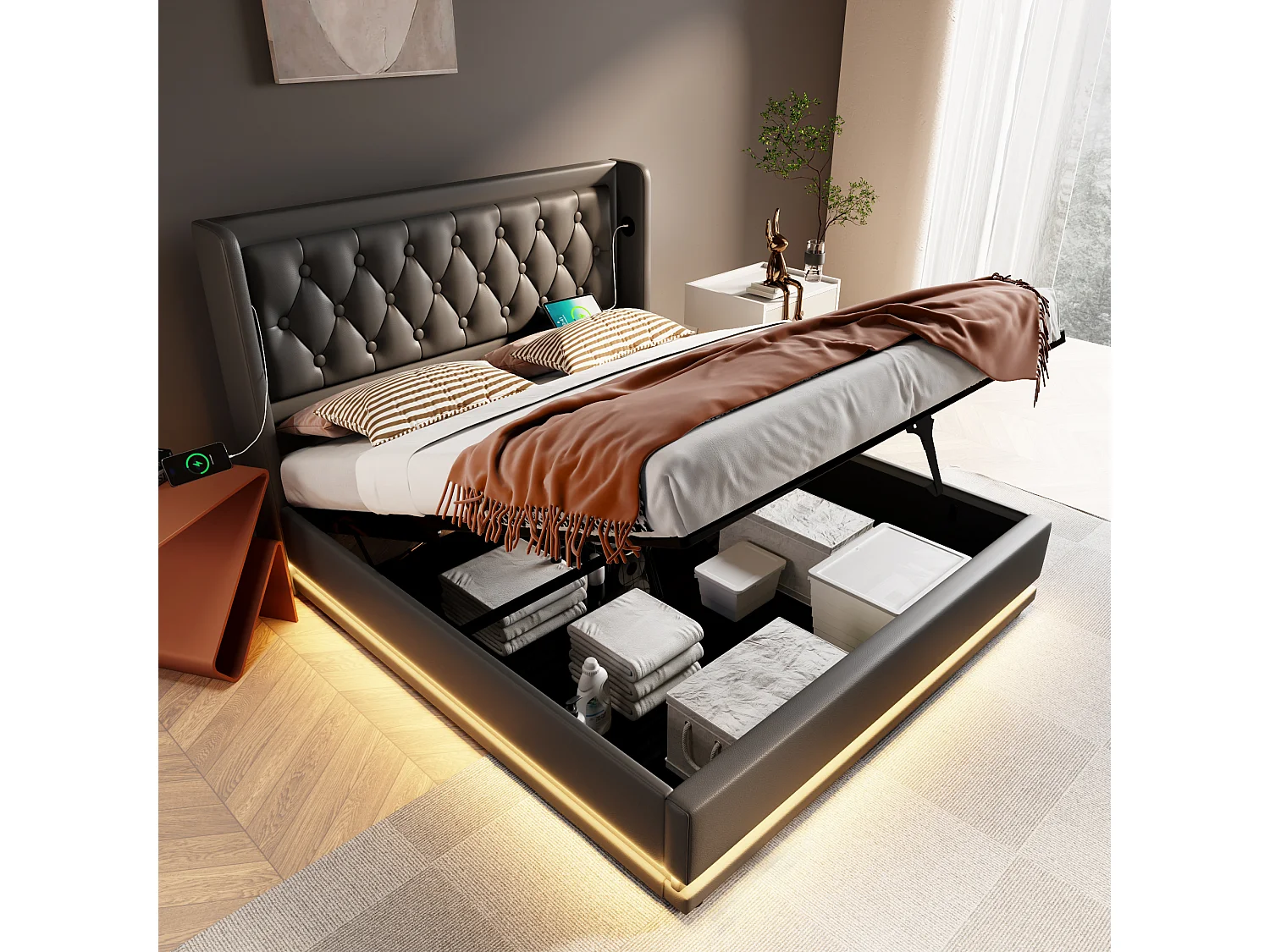 Lit coffre 180x200 cm avec LED 3 côtés, ports USB et USB Type C, tête de lit capitonnée, PU noir (Sans matelas)