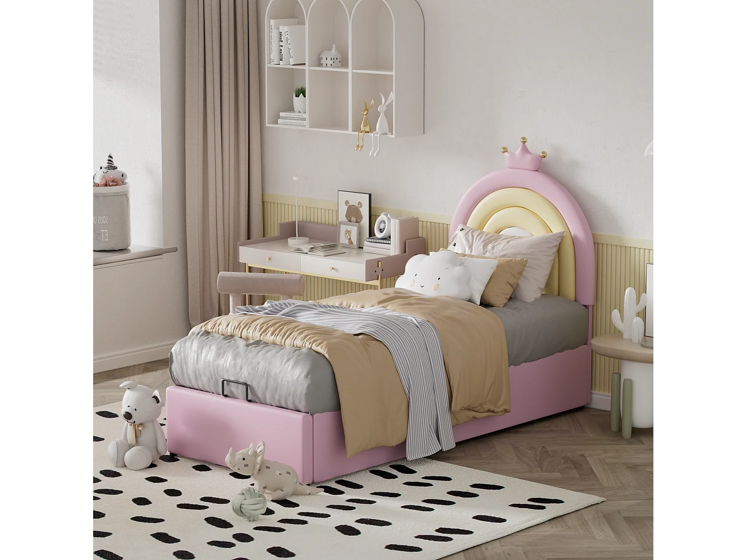 Lit coffre 90x200 cm avec tête de lit réglable en hauteur, avec sommier à lattes PU rose (Sans matelas)