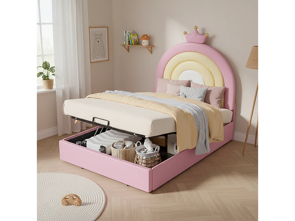 Lit coffre 90x200 cm avec tête de lit réglable en hauteur, avec sommier à lattes PU rose (Sans matelas)