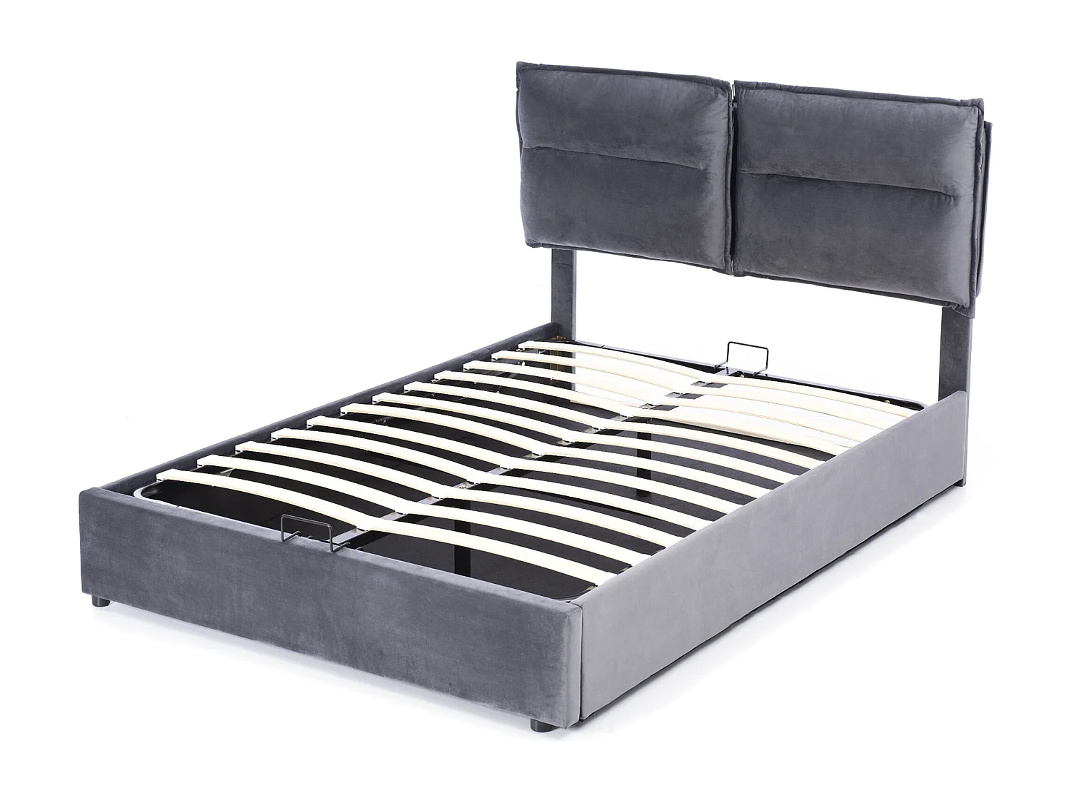 Lit coffre 140x200 cm avec tête de lit réglable et rangement, velours et métal gris (Sans matelas)