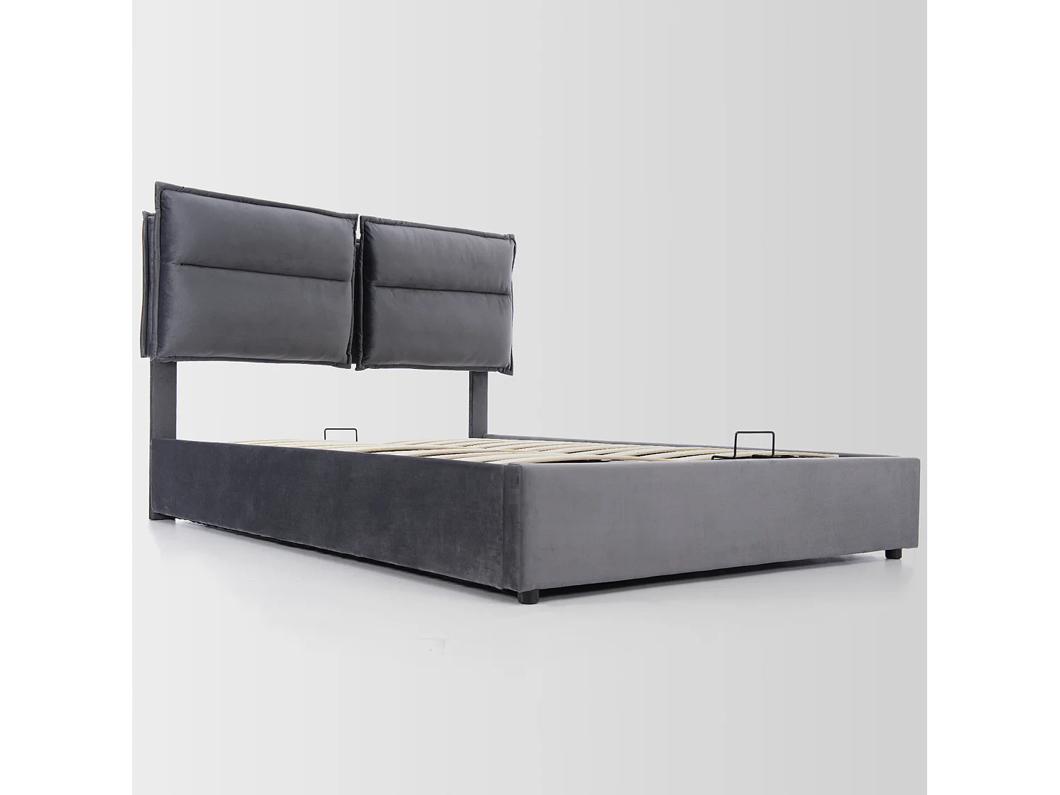 Lit coffre 140x200 cm avec tête de lit réglable et rangement, velours et métal gris (Sans matelas)