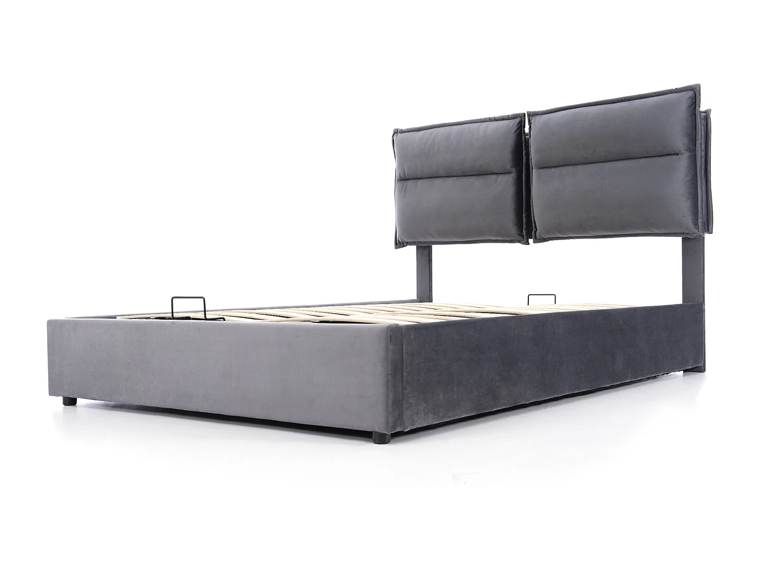 Lit coffre 140x200 cm avec tête de lit réglable et rangement, velours et métal gris (Sans matelas)