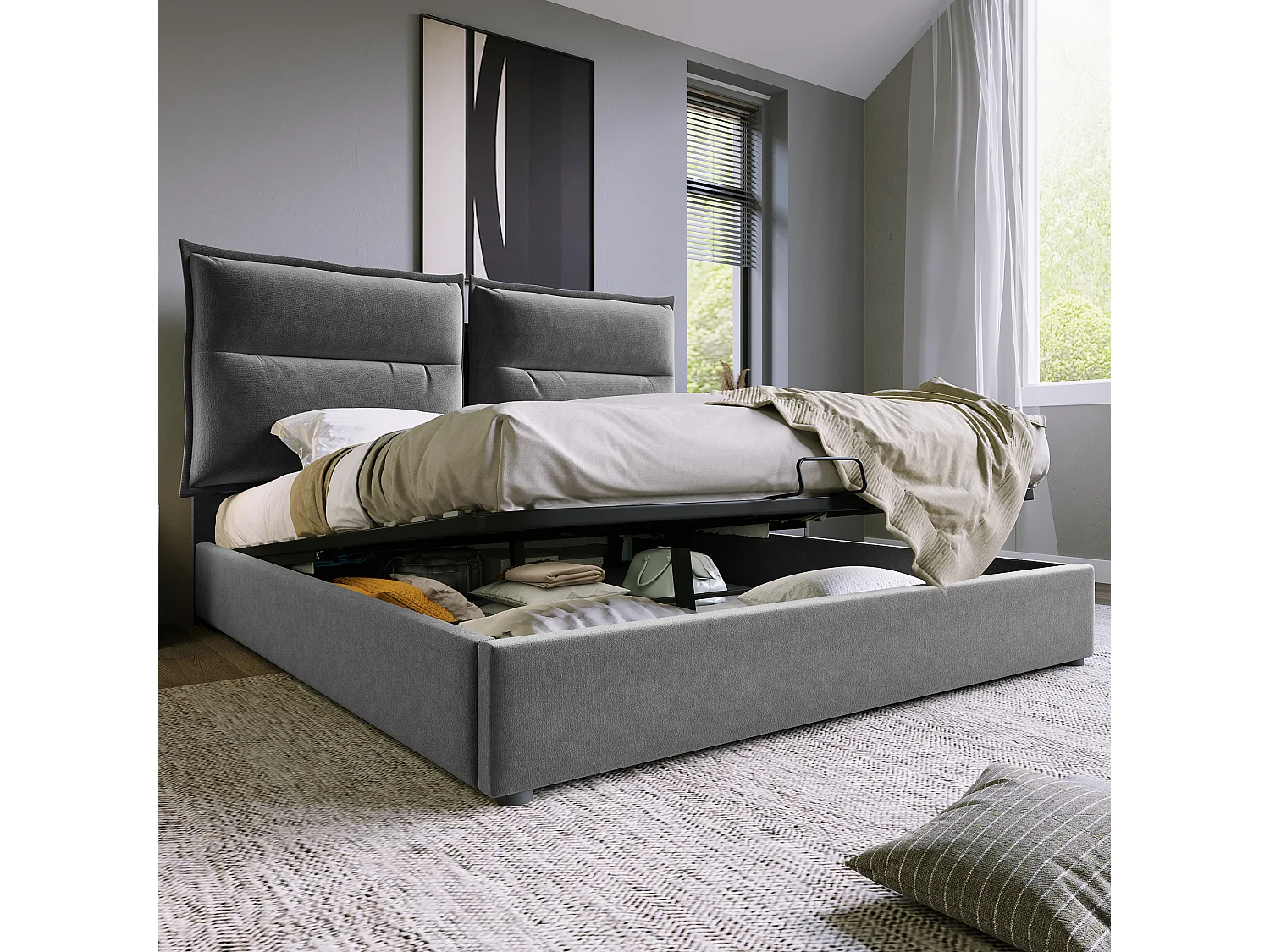 Lit coffre 140x200 cm avec tête de lit réglable et rangement, velours et métal gris (Sans matelas)