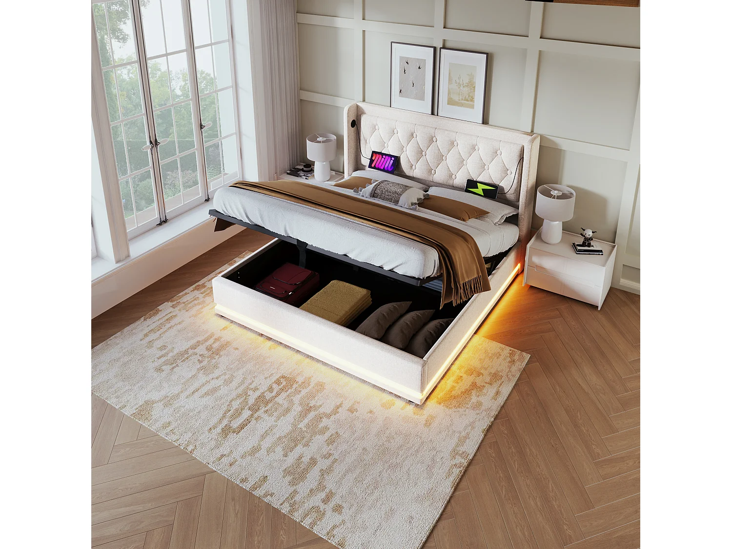 Lit Coffre 160x200cm avec LED USB Espace de rangement Matelas Sommier à lattes en bois en beige pour adultes et enfants et adolescents