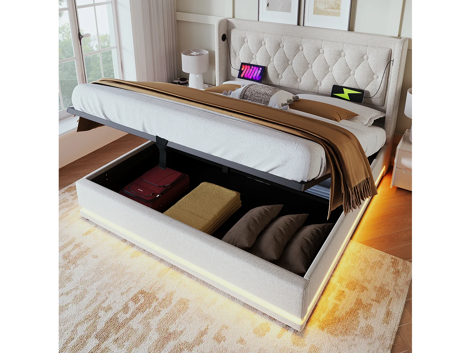 Lit coffre 160x200 cm avec LED 3 côtés et chargement USB Type C coton beige (Avec matelas)