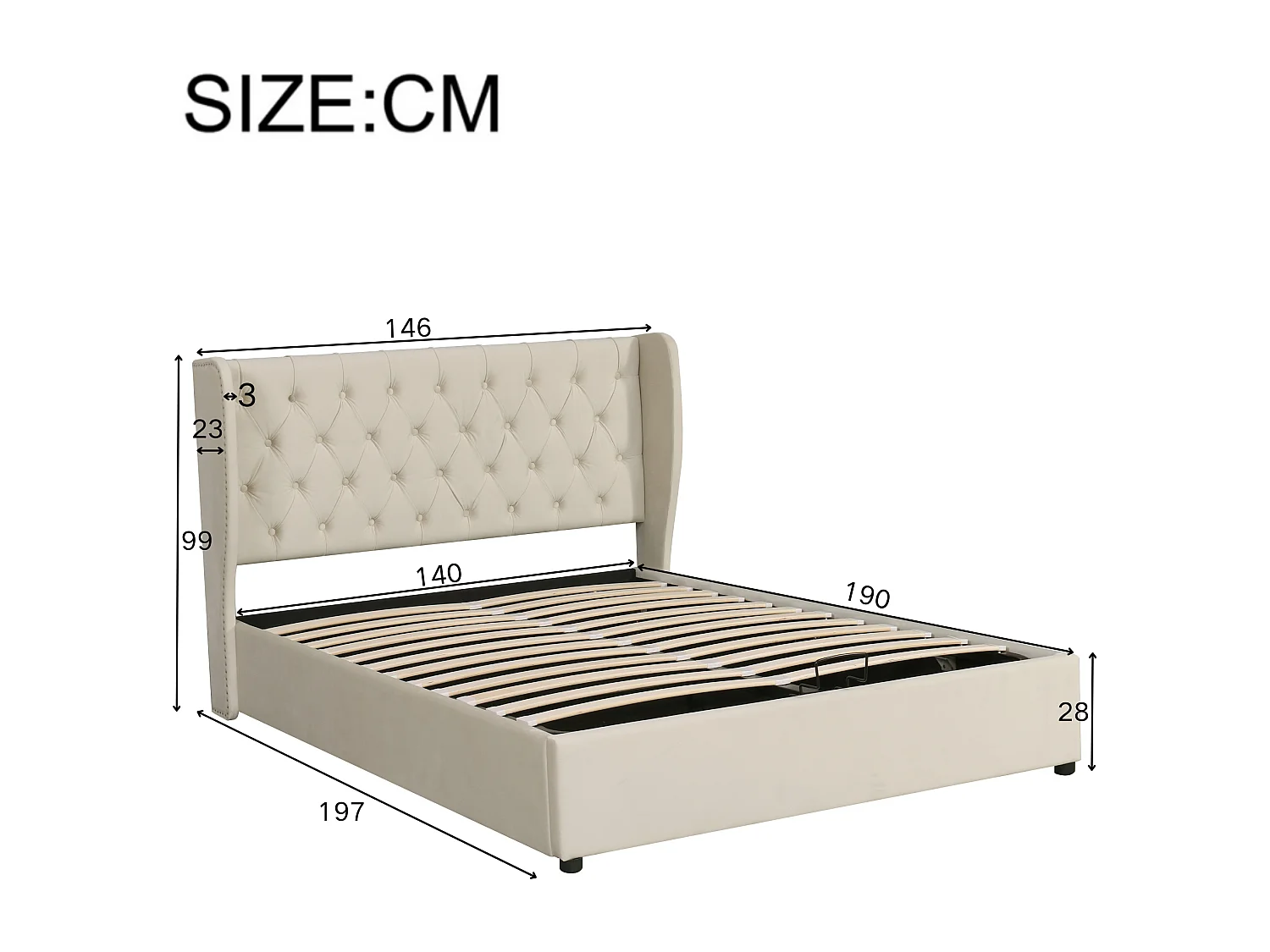 Lit coffre 140x190 cm avec sommier et tête de lit en forme d'oreillel - beige velours (sans matelas)