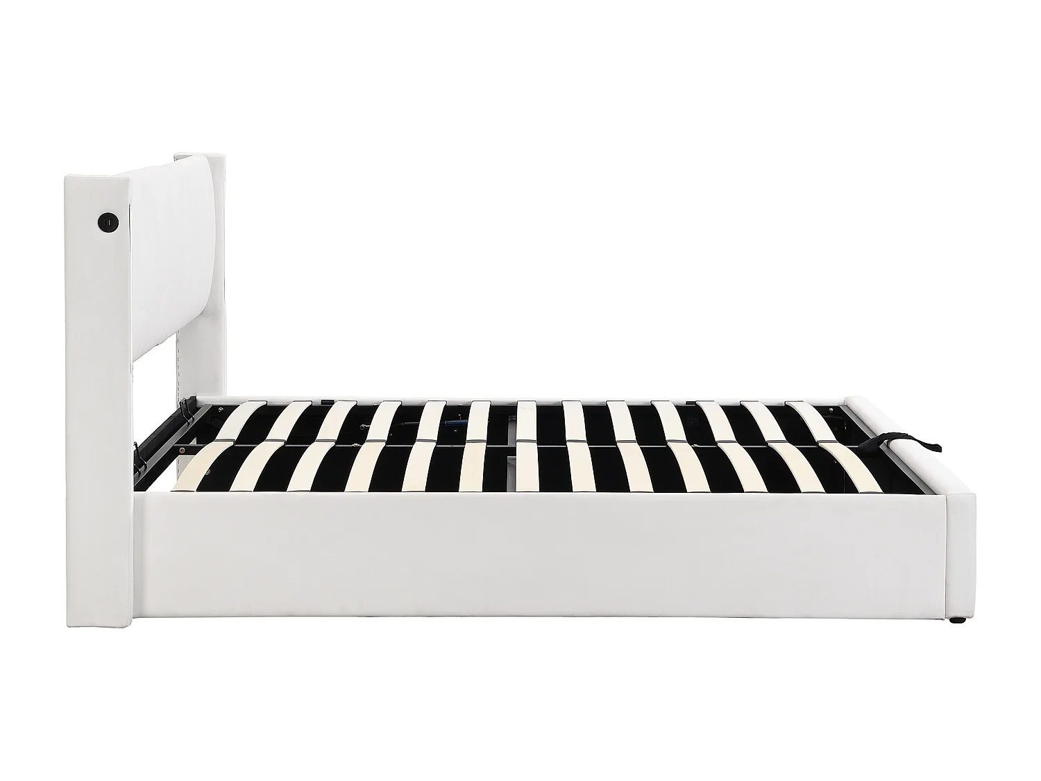 Lit coffre 140x190 cm avec LED, USB et rangement, tête de lit réglable, PU blanc (Sans matelas)