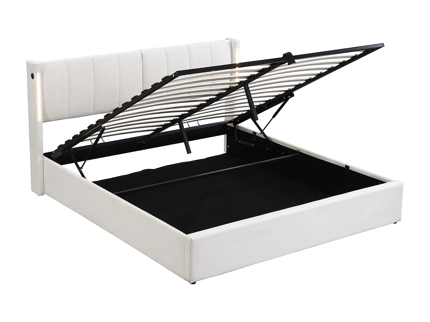 Lit coffre 140x190 cm avec LED, USB et rangement, tête de lit réglable, PU blanc (Sans matelas)