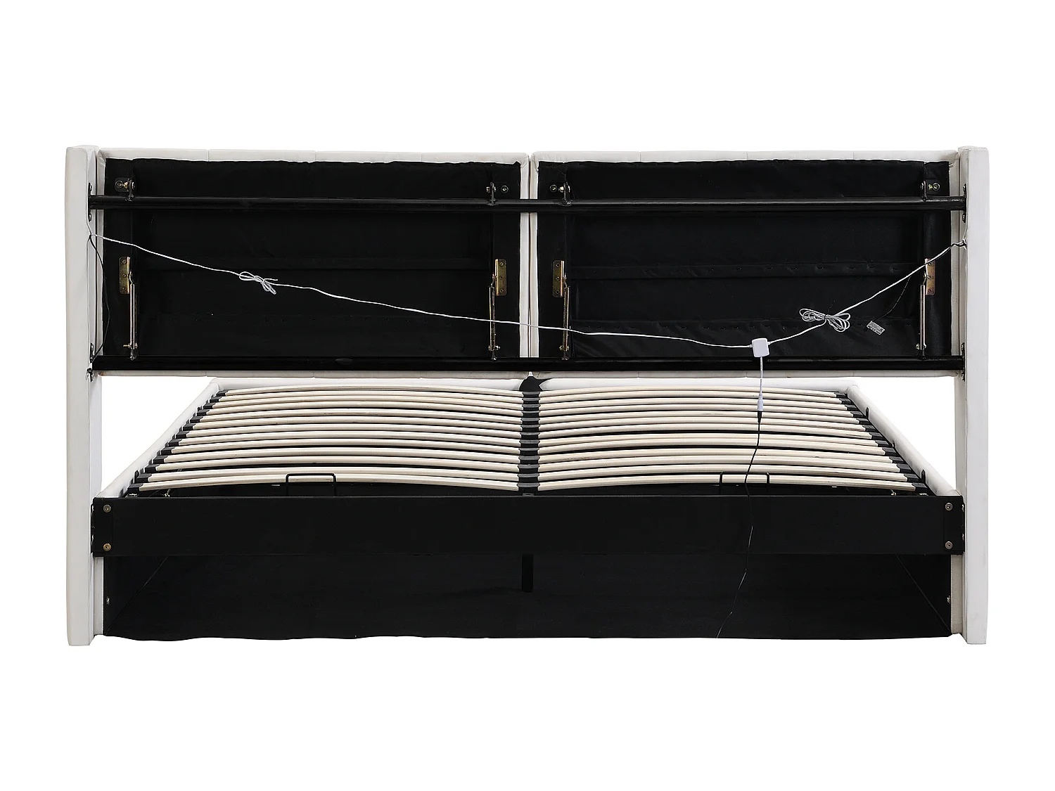 Lit coffre 140x190 cm avec LED, USB et rangement, tête de lit réglable, PU blanc (Sans matelas)