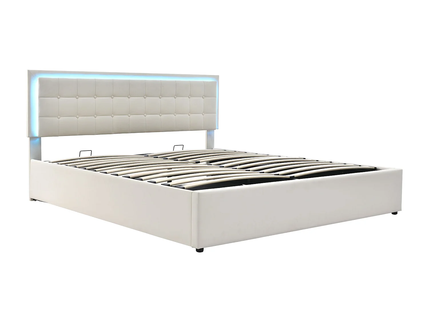Lit coffre 160x200 cm avec LED et rangement, avec sommier à lattes, simili cuir blanc (Sans matelas)